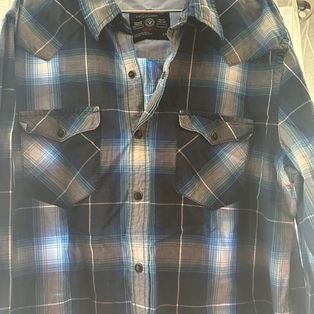 Men's plaid western-style shirt by American Eagle.
